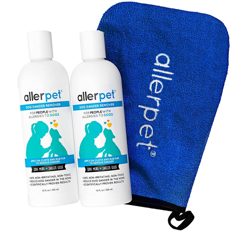 Allerpet Dog Dander Remover w/Free Applicator Mitt - Best Pet Dander Remover for Allergens - for Canine Dry Skin Treatment - Good for Fur & Skin - 2 Pack (12oz) - Image 1